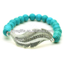 Turquoise 8MM Perles rondes Stretch Bracelet en pierres précieuses avec diamant en plume en alliage Pièce